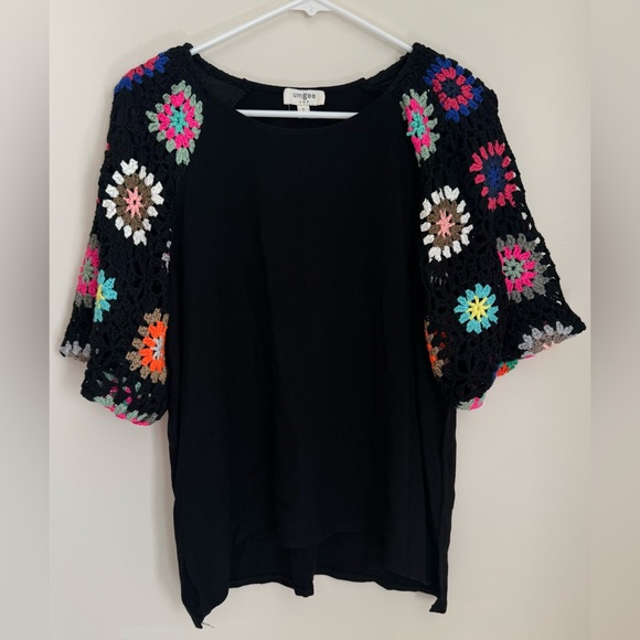 Umgee Tops - Umgee Black Top With Colorful Crochet Floral Sleeves Women’s Size Small Boho